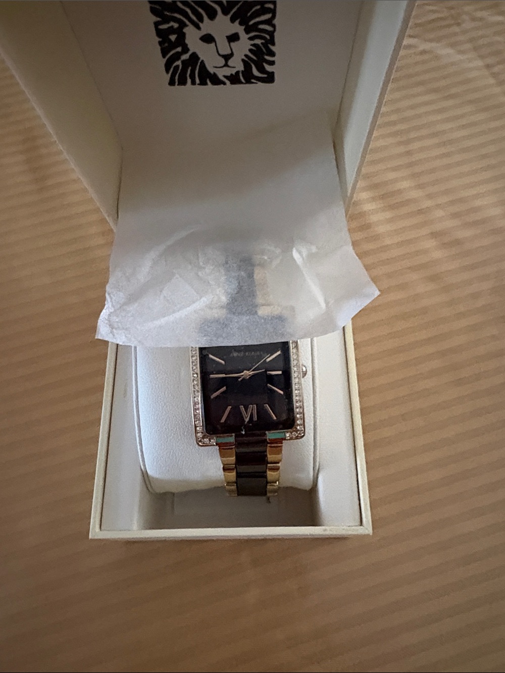 Anne Klein ceramic Black and Gold Rectangular Crystal-Trim Watch